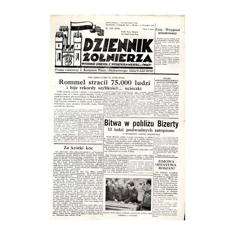 Dziennik Żołnierza. [...] Pismo żołnierzy I. Korpusu Panc.-Motorowego. R.3 (1942). Nr 165 (698) (16 listopada 1942)