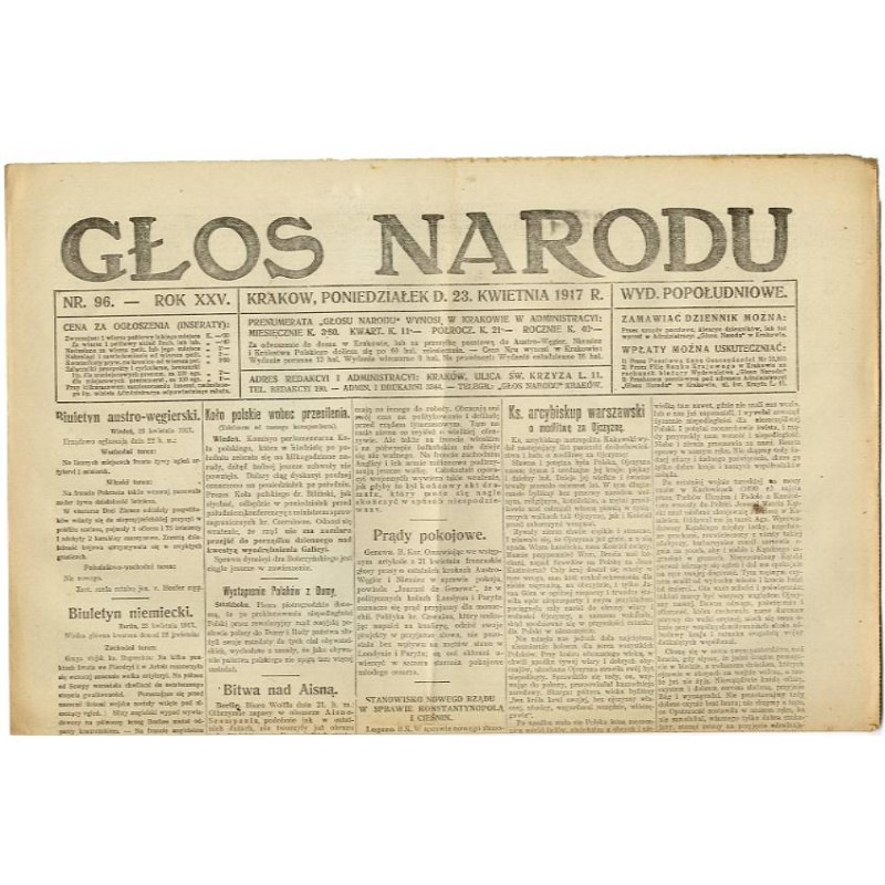 Głos Narodu. R.25 (1917). Nr 96 (23 kwietnia 1917). Wydanie popołudniowe