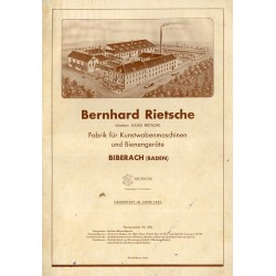 [Katalog firmowy pszczelarstwo] Bernhard Rietsche. Inhaber: Julius Rietsche. Fabrik für Kunstwabenmaschinen und Bienengeräte. Bi