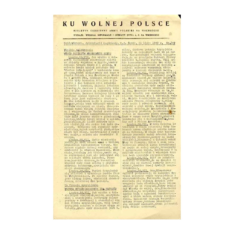 Ku Wolnej Polsce. Biuletyn codzienny Armii Polskiej na Wschodzie. (1943). Nr 309 (21 lipca 1943)