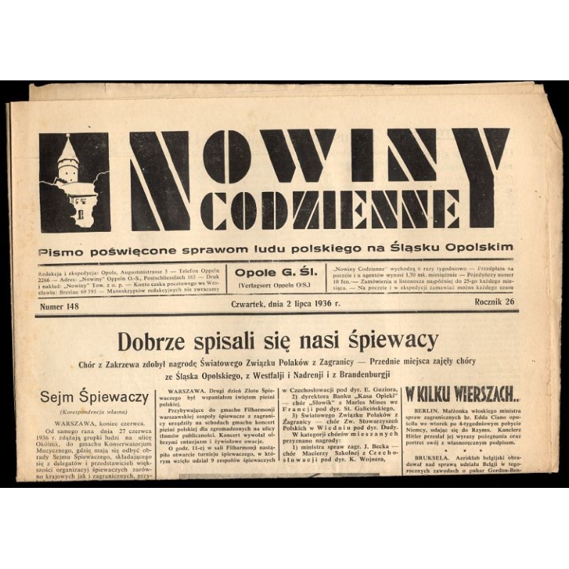 Nowiny Codzienne. Pismo poświęcone sprawom ludu polskiego na Śląsku Opolskim. R.26 (1936). Nr 148 (2 lipca 1936)