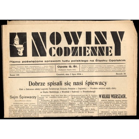 Nowiny Codzienne. Pismo poświęcone sprawom ludu polskiego na Śląsku Opolskim. R.26 (1936). Nr 148 (2 lipca 1936)