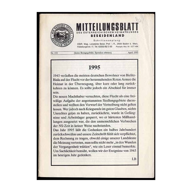 Mitteilungsblatt des Österreichischen Heimatbundes Beskidenland. 1995. Nr 152 (IV 1995)