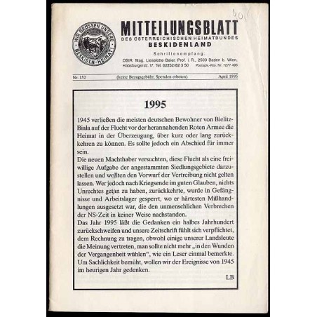 Mitteilungsblatt des Österreichischen Heimatbundes Beskidenland. 1995. Nr 152 (IV 1995)