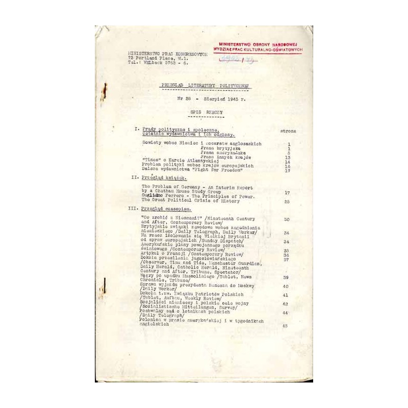 Przegląd Literatury Politycznej. R. 3 (1943). Nr 28 (sierpień 1943)