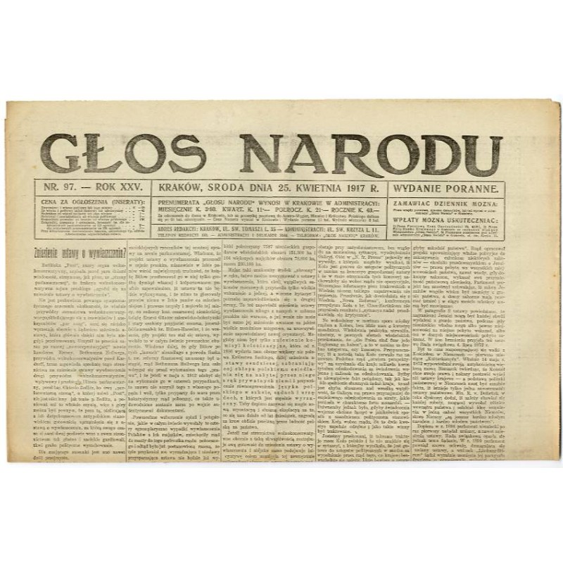 Głos Narodu. R.25 (1917). Nr 97 (25 kwietnia 1917). Wydanie poranne