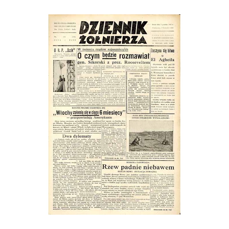 Dziennik Żołnierza. [...] Pismo żołnierzy I. Korpusu Panc.-Motorowego. R.3 (1942). Nr 179 (712) (2 grudnia 1942)