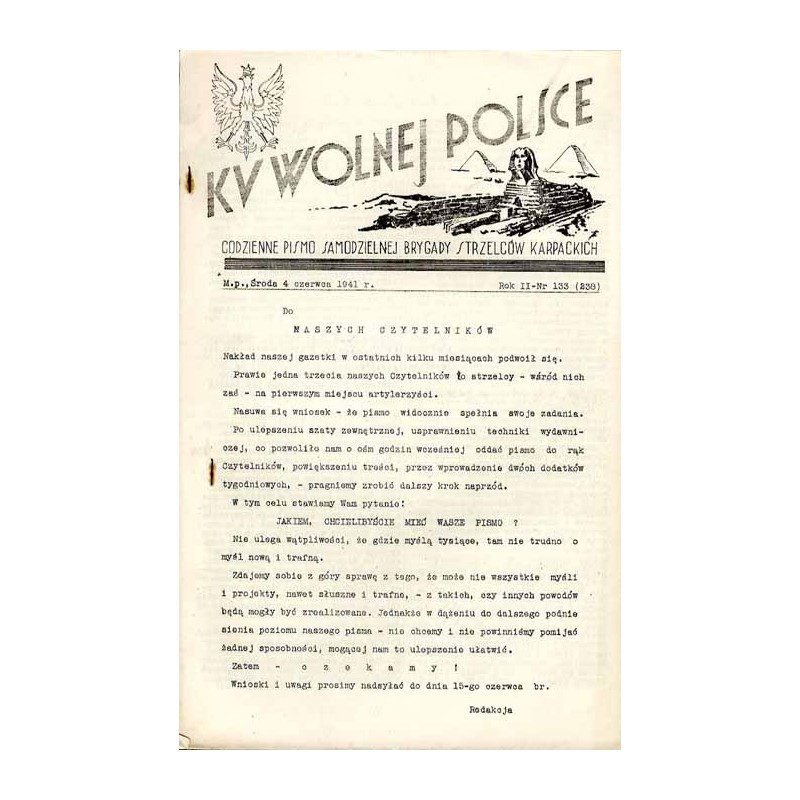Ku Wolnej Polsce. Codzienne pismo Brygady Strzelców Karpackich. R.2 (1941). Nr 133 (239) (4 czerwca 1941)