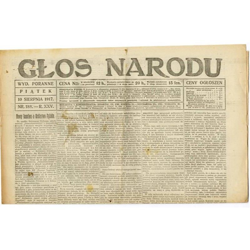 Głos Narodu. R.25 (1917). Nr 188 (10 sierpnia 1917). Wydanie poranne