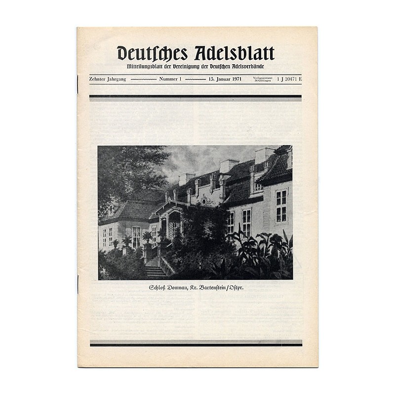 Deutsches Adelsblatt. 10. Jahrgang (1971). Nr 1 (15 I 1971) [Schloß Domnau, Kr. Bartenstein Ostpreußen]