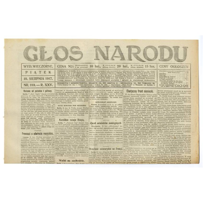 Głos Narodu. R.25 (1917). Nr 189 (10 sierpnia 1917). Wydanie wieczorne