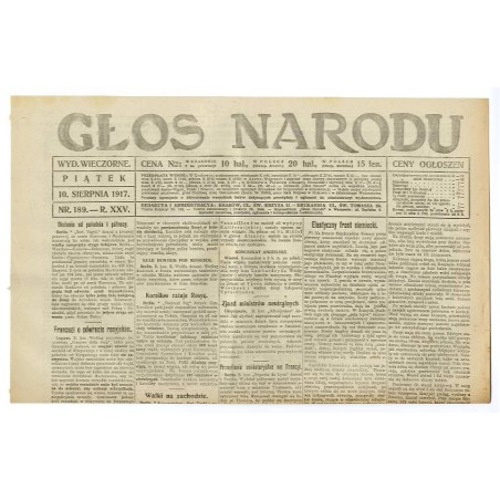 Głos Narodu. R.25 (1917). Nr 189 (10 sierpnia 1917). Wydanie wieczorne