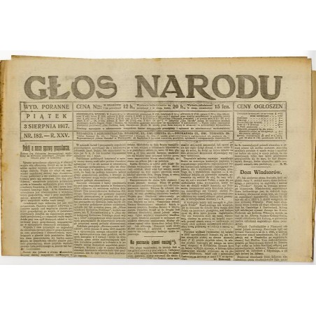 Głos Narodu. R.25 (1917). Nr 182 (3 sierpnia 1917). Wydanie poranne