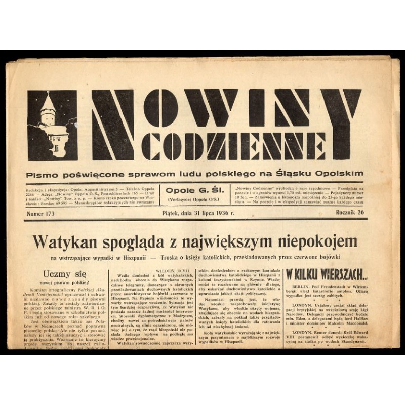 Nowiny Codzienne. Pismo poświęcone sprawom ludu polskiego na Śląsku Opolskim. R.26 (1936). Nr 173 (31 lipca 1936)