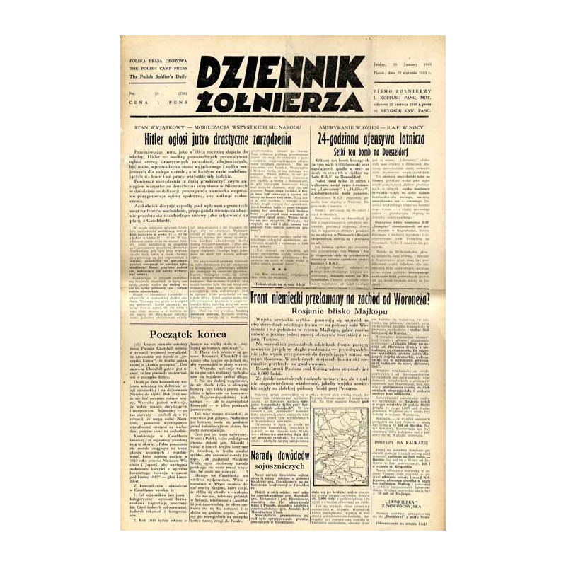 Dziennik Żołnierza. Polska prasa obozowa. Pismo żołnierzy 1. Korpusu Pancerno Mot. R.4 (1943). Nr 23 (758) (29 stycznia 1943)