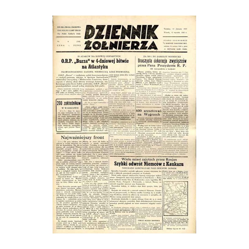 Dziennik Żołnierza. Polska prasa obozowa. Pismo żołnierzy 1. Korpusu Pancerno Mot. R.4 (1943). Nr 8 (743) (12 stycznia 1943) / O