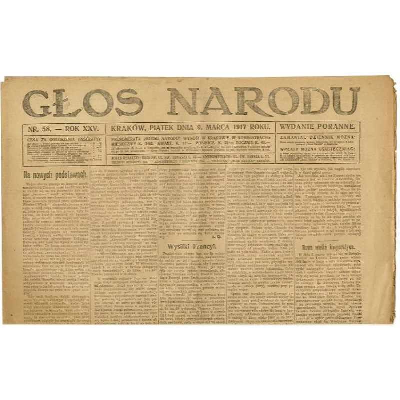 Głos Narodu. R.25 (1917). Nr 58 (9 marca 1917). Wydanie poranne