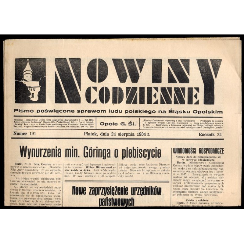 Nowiny Codzienne. Pismo poświęcone sprawom ludu polskiego na Śląsku Opolskim. R.24 (1934). Nr 191 (24 sierpnia 1934)