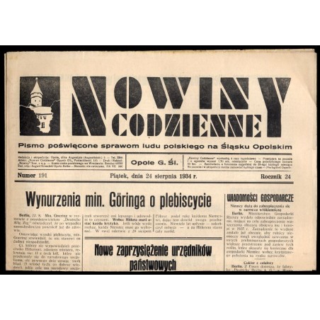 Nowiny Codzienne. Pismo poświęcone sprawom ludu polskiego na Śląsku Opolskim. R.24 (1934). Nr 191 (24 sierpnia 1934)