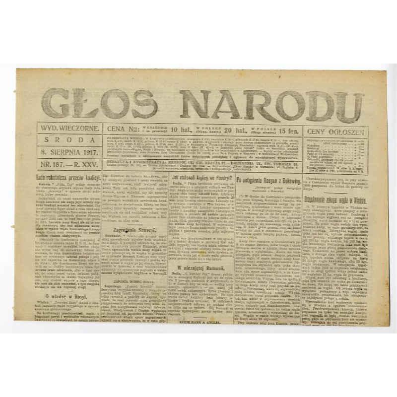 Głos Narodu. R.25 (1917). Nr 187 (8 sierpnia 1917). Wydanie wieczorne