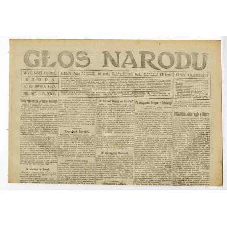 Głos Narodu. R.25 (1917). Nr 187 (8 sierpnia 1917). Wydanie wieczorne