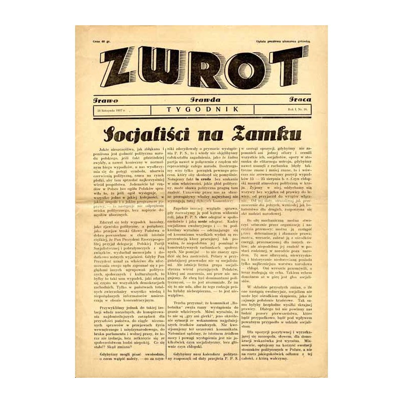 Zwrot. Prawo, prawda, praca. Tygodnik. R.1 (1937). Nr 16 (21 listopada 1937)