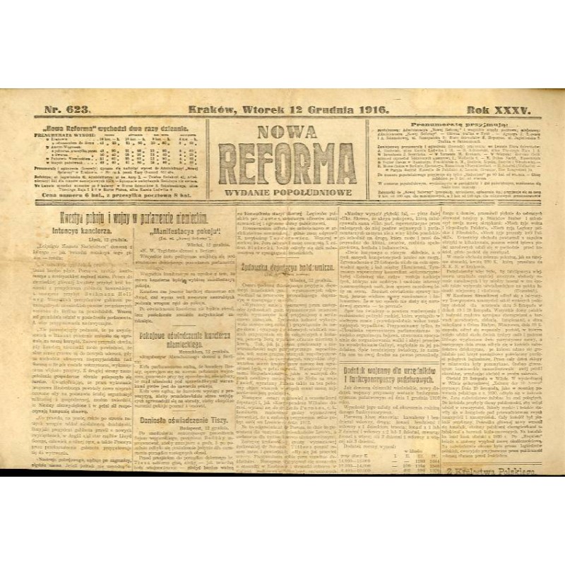Nowa Reforma. R.35 (1916). Nr 623 (12 grudnia 1916). Wydanie popołudniowe