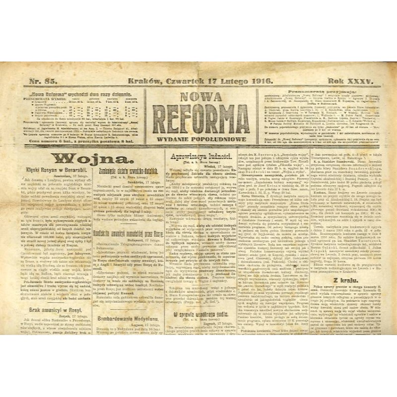Nowa Reforma. R.35 (1916). Nr 85 (17 lutego 1916). Wydanie popołudniowe