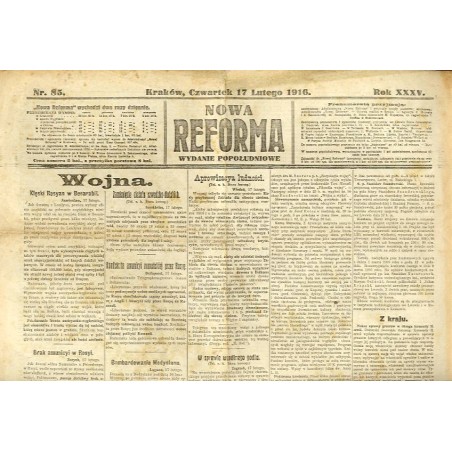 Nowa Reforma. R.35 (1916). Nr 85 (17 lutego 1916). Wydanie popołudniowe