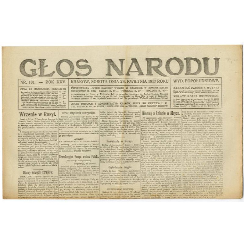 Głos Narodu. R.25 (1917). Nr 101 (28 kwietnia 1917). Wydanie popołudniowe