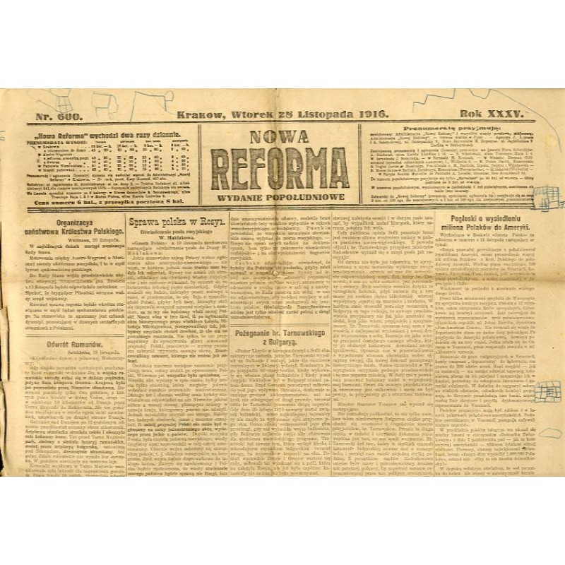 Nowa Reforma. R.35 (1916). Nr 600 (28 listopada 1916). Wydanie popołudniowe