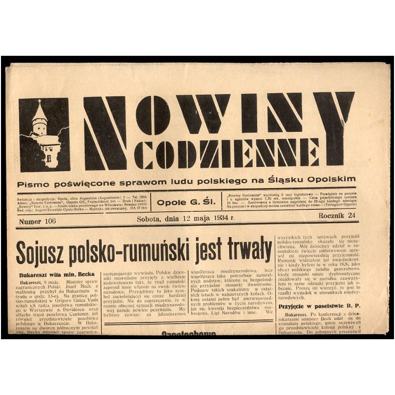 Nowiny Codzienne. Pismo poświęcone sprawom ludu polskiego na Śląsku Opolskim. R.24 (1934). Nr 106 (12 maja 1934)