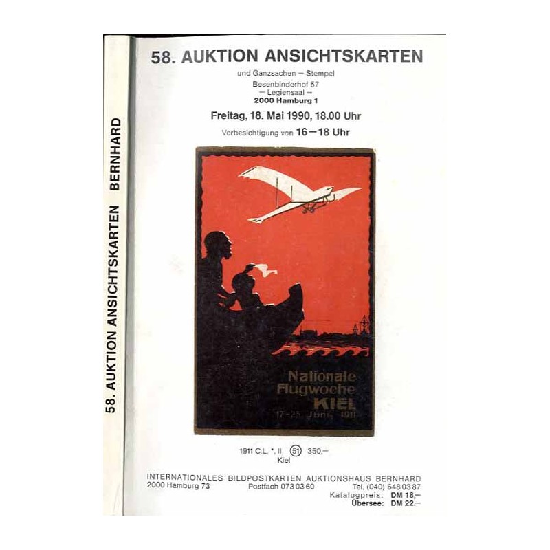 [Martin Bernhard] 58. Auktion Ansichtskarten und Ganzsachen - Stempel. Besenbinderhof 57, Legiensaal, 2000 Hamburg 1. Freitag, 1