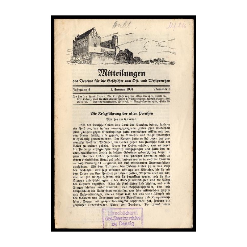 Mitteilungen des Vereins für die Geschichte von Ost- und Westpreußen. 8. Jahrgang (1934). Nr 3 (1 I 1934)
