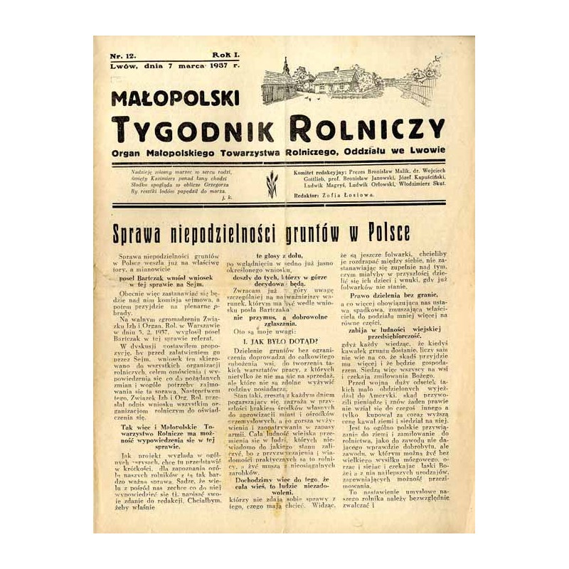 Małopolski Tygodnik Rolniczy. Organ Małopolskiego Towarzystwa Rolniczego, Oddziału we Lwowie. R.1 (1937). Nr 12 (7 marca 1937)