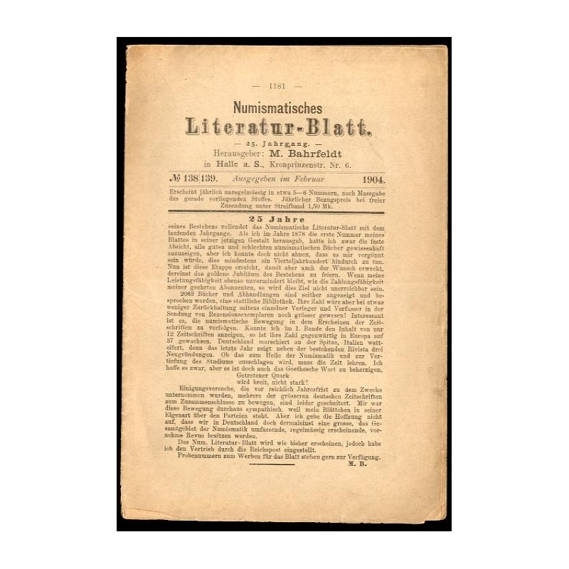 Numismatisches Literatur-Blatt. 25. Jahrgang (1904). Nr 138-139 (Februar 1904)