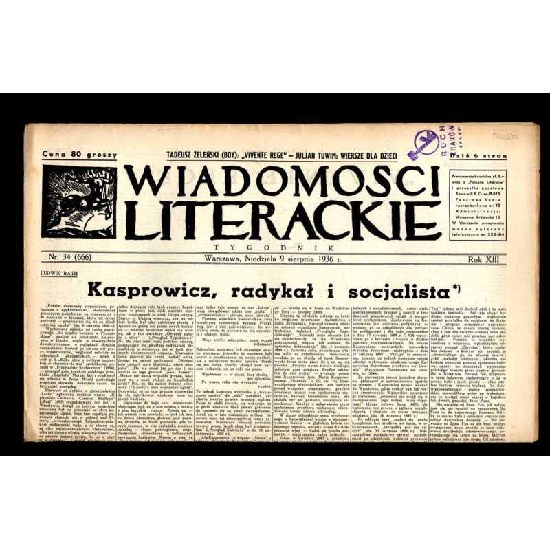 Wiadomości Literackie. Tygodnik. R.13 (1936). Nr 34 (666) (9 sierpnia 1936)