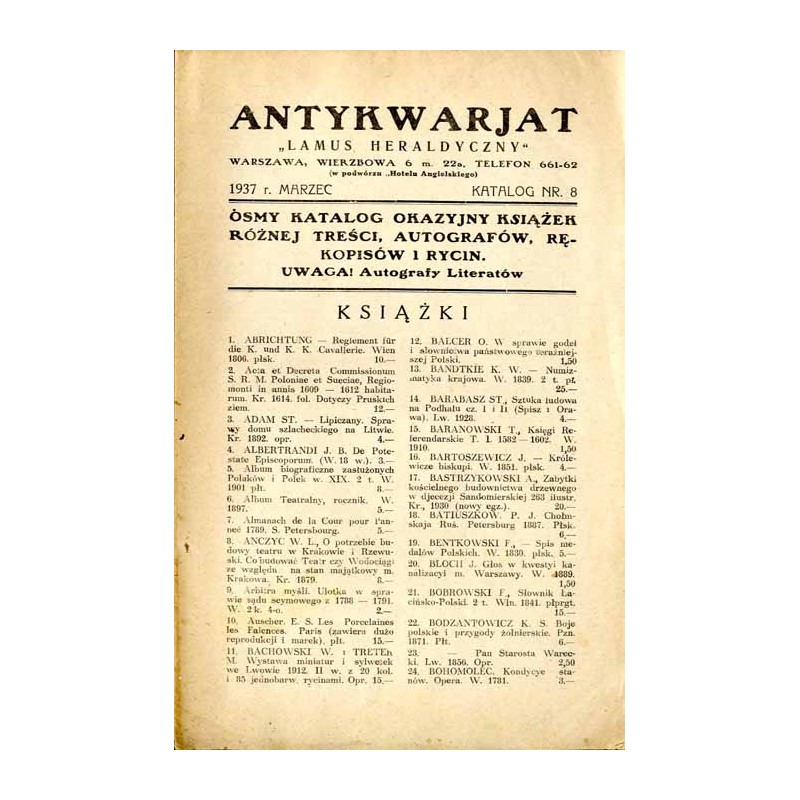 Antykwarjat "Lamus Heraldyczny", Warszawa, Wierzbowa 6 [...] (1937). Katalog Nr 8 (marzec 1937). Ósmy katalog okazyjny książek r
