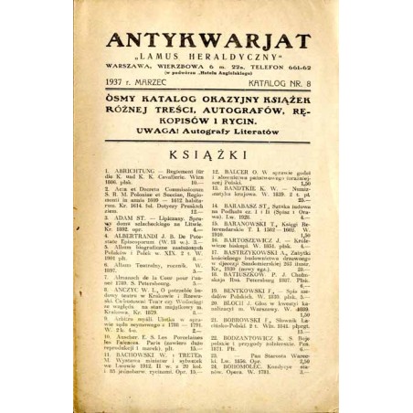 Antykwarjat "Lamus Heraldyczny", Warszawa, Wierzbowa 6 [...] (1937). Katalog Nr 8 (marzec 1937). Ósmy katalog okazyjny książek r