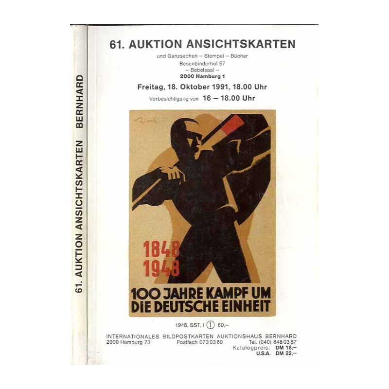 [Martin Bernhard] 61. Auktion Ansichtskarten und Ganzsachen - Stempel - Bücher. Besenbinderhof 57, Bebelsaal, 2000 Hamburg 1. Fr