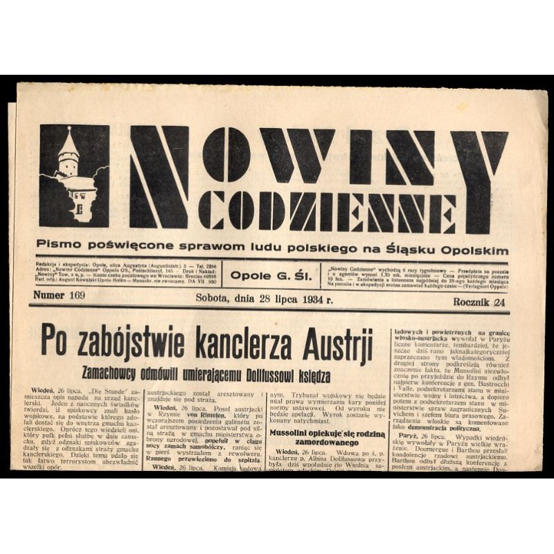 Nowiny Codzienne. Pismo poświęcone sprawom ludu polskiego na Śląsku Opolskim. R.24 (1934). Nr 169 (28 lipca 1934)