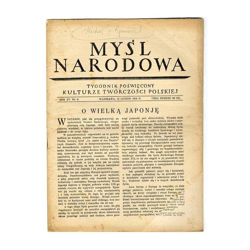 Myśl Narodowa. Tygodnik poświęcony kulturze twórczości polskiej. R.15 (1935). Nr 6 (10 lutego 1935)