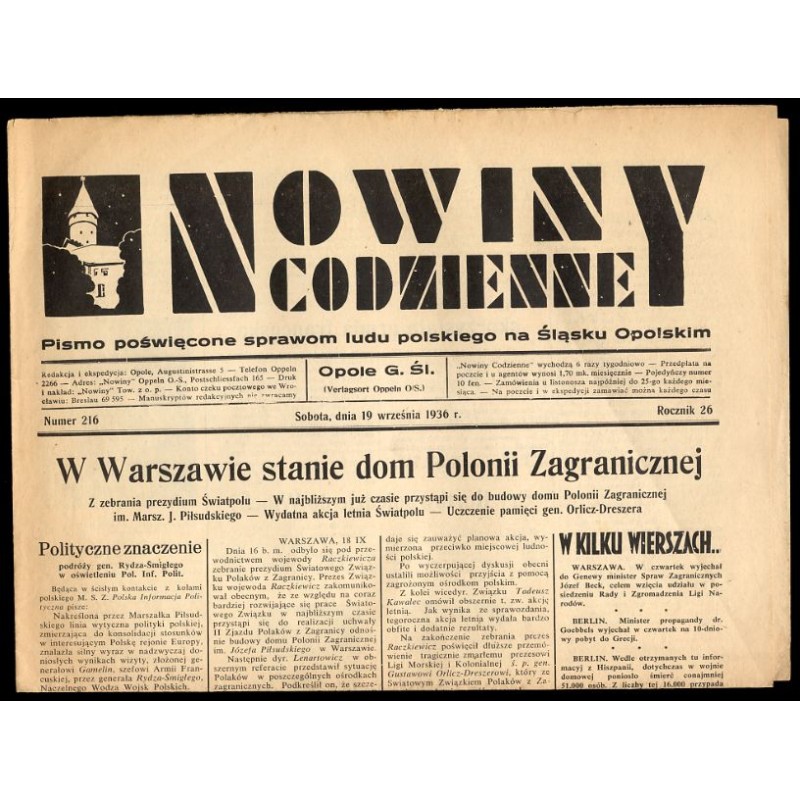 Nowiny Codzienne. Pismo poświęcone sprawom ludu polskiego na Śląsku Opolskim. R.26 (1936). Nr 216 (19 września 1936)