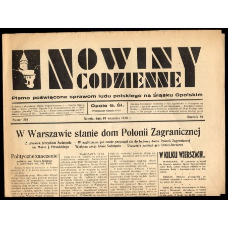Nowiny Codzienne. Pismo poświęcone sprawom ludu polskiego na Śląsku Opolskim. R.26 (1936). Nr 216 (19 września 1936)