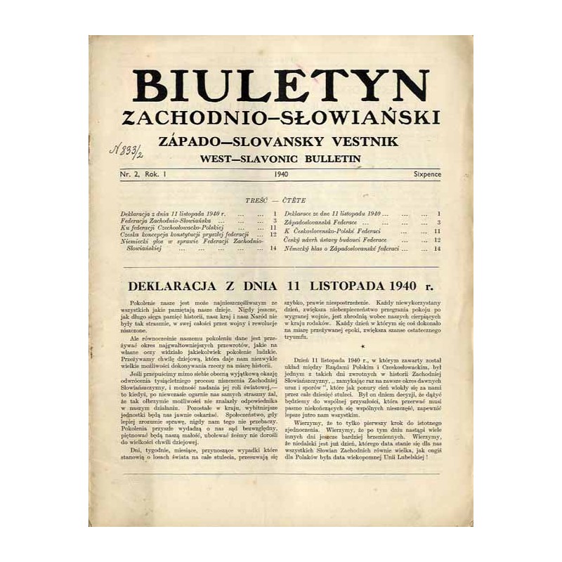 Biuletyn Zachodnio-Słowiański  Západo-Slovansky Vestnik  West-Slavian Bulletin. R.1 (1940). Nr 2