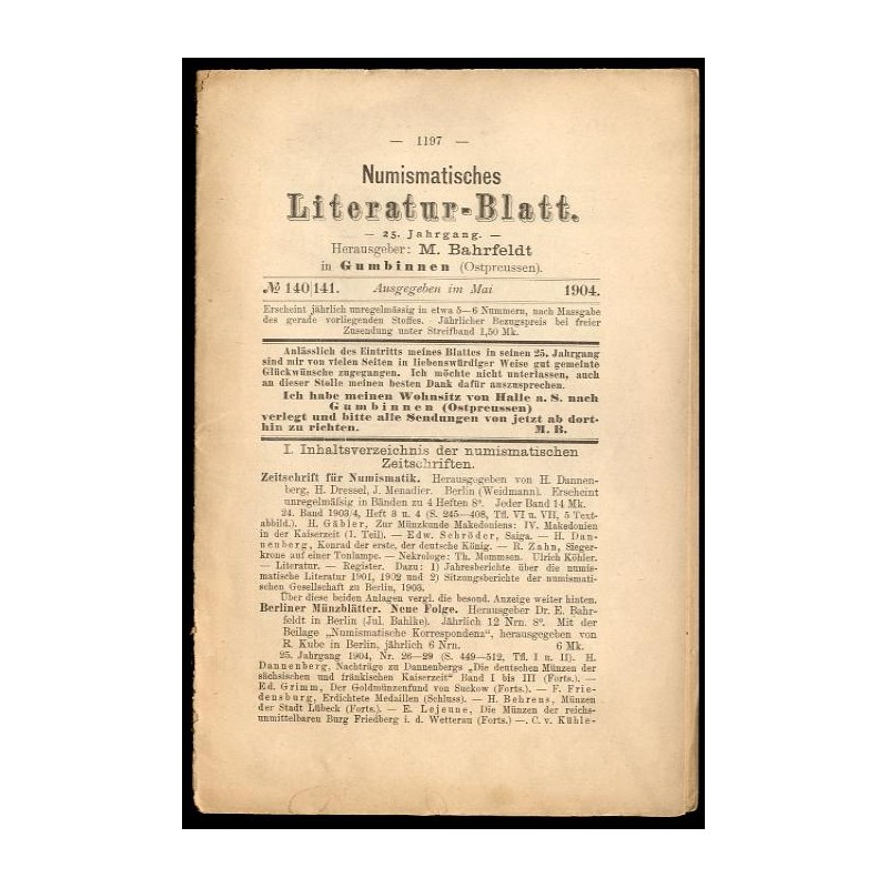 Numismatisches Literatur-Blatt. 25. Jahrgang (1904). Nr 140-141 (Mai 1904)