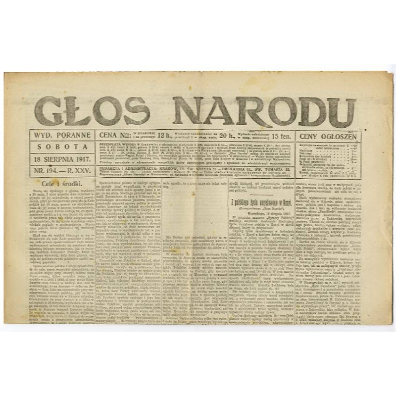 Głos Narodu. R.25 (1917). Nr 194 (18 sierpnia 1917). Wydanie poranne