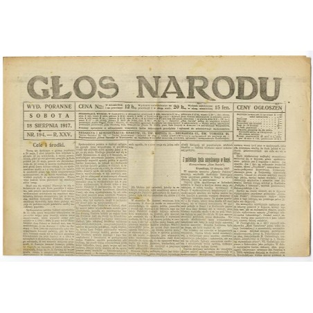 Głos Narodu. R.25 (1917). Nr 194 (18 sierpnia 1917). Wydanie poranne