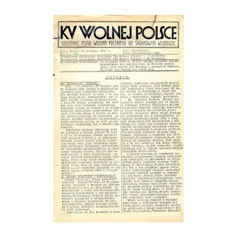 Ku Wolnej Polsce. Tygodnik Wojska Polskiego na Środkowym Wschodzie. Codzienne pismo Wojska Polskiego na Środkowym Wschodzie. 194