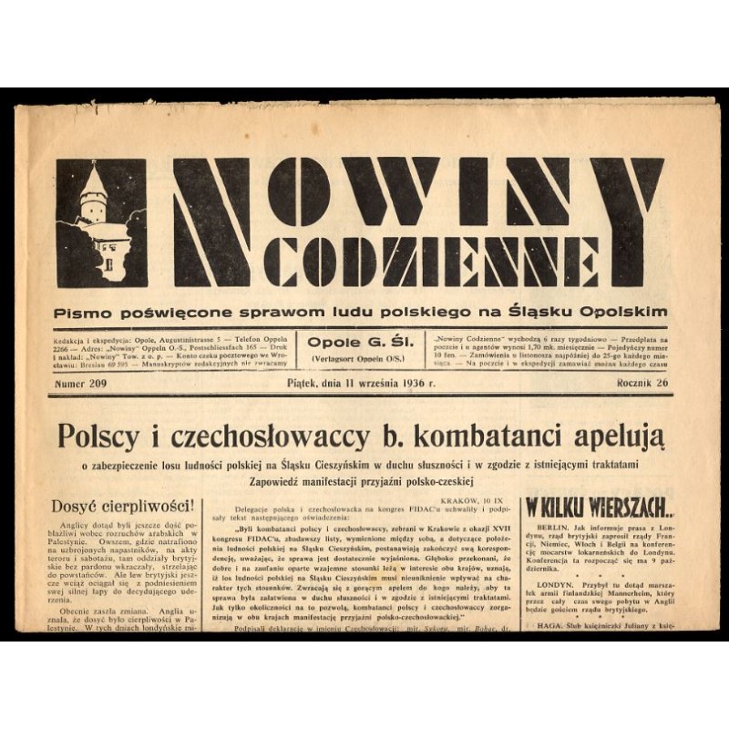 Nowiny Codzienne. Pismo poświęcone sprawom ludu polskiego na Śląsku Opolskim. R.26 (1936). Nr 209 (11 września 1936)